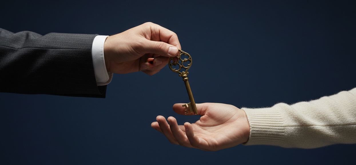 Photo of hands exchanging a golden key