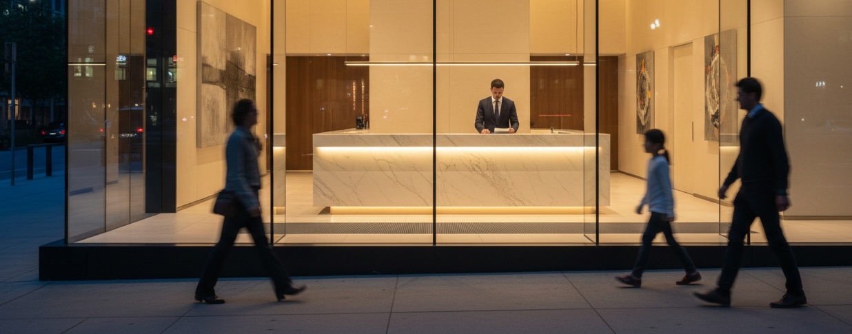 People walking past a bank lobby