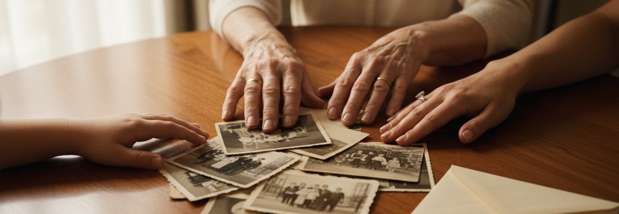 Three generations of hands shuffling through old photographs