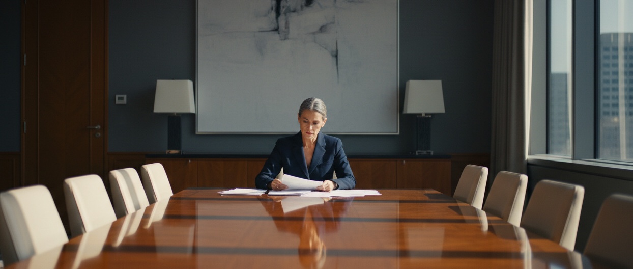 Professional, older woman sitting stoically at the head of an empty board room table